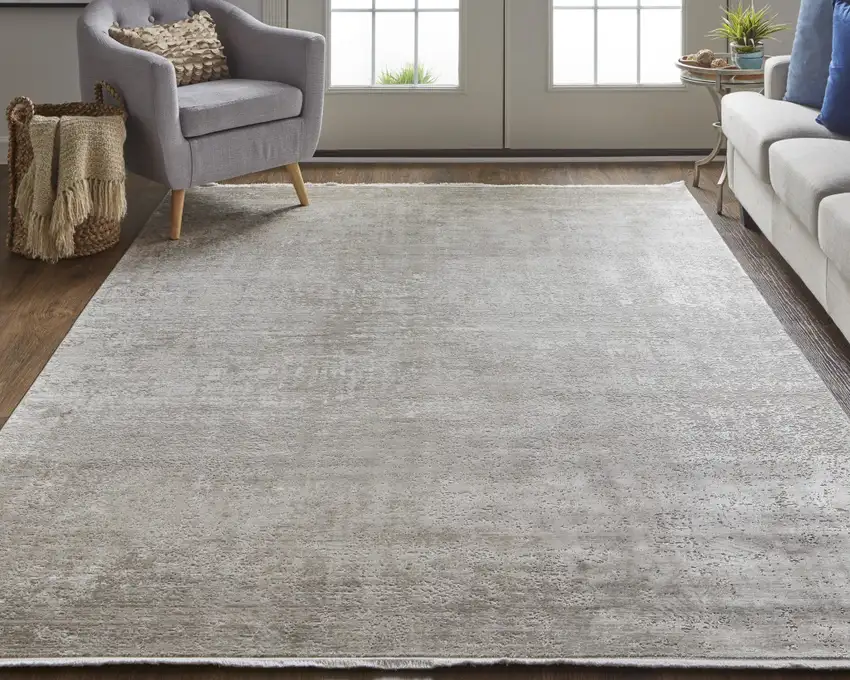 Tan and Ivory Abstract Power Loom Distressed Area Rug With Fringe Photo 7