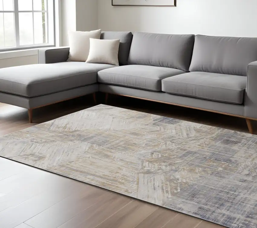 Tan and Ivory Abstract Power Loom Distressed Non Skid Area Rug Photo 1