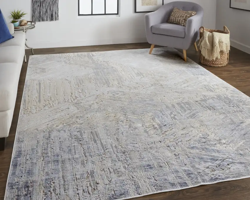 Tan Ivory And Gray Abstract Power Loom Distressed Area Rug Photo 7