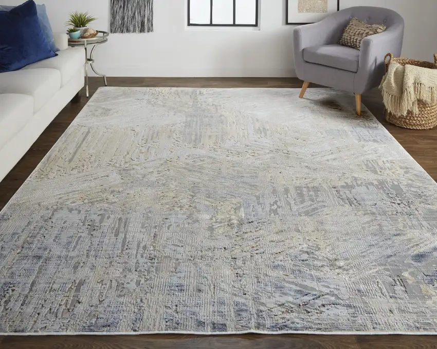 Tan Ivory And Gray Abstract Power Loom Distressed Area Rug Photo 6