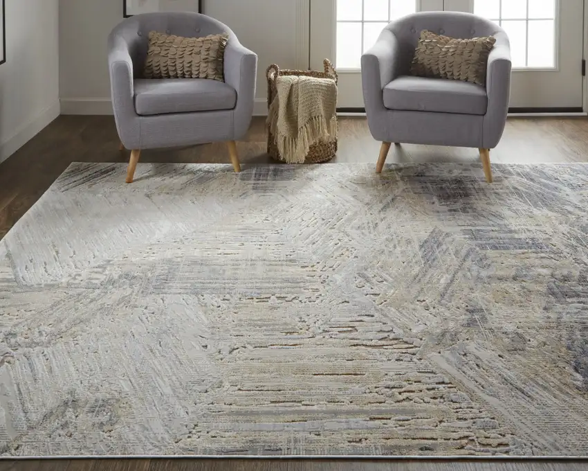 Tan Ivory And Gray Abstract Power Loom Distressed Area Rug Photo 8
