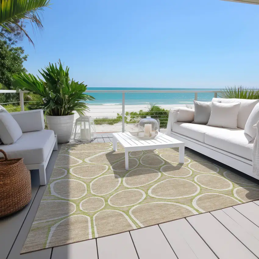 Tan Ivory And Green Abstract Washable Indoor Outdoor Area Rug Photo 9