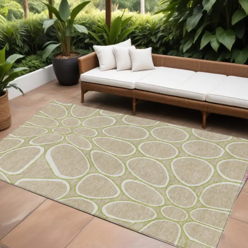 Tan Ivory And Green Abstract Washable Indoor Outdoor Area Rug Photo 1