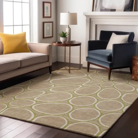 Tan Ivory And Green Geometric Washable Area Rug With UV Protection Photo 4