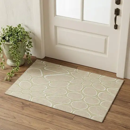 Tan Ivory And Green Geometric Washable Area Rug With UV Protection Photo 1