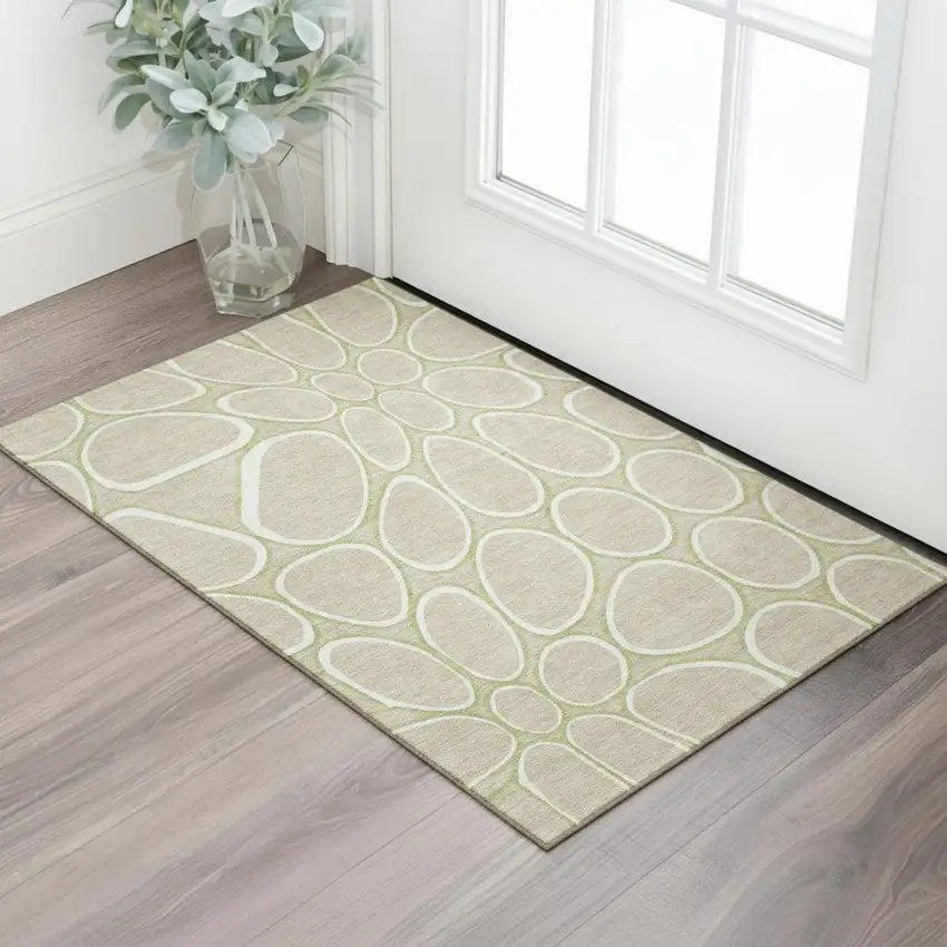 Tan Ivory And Green Geometric Washable Area Rug With UV Protection Photo 2