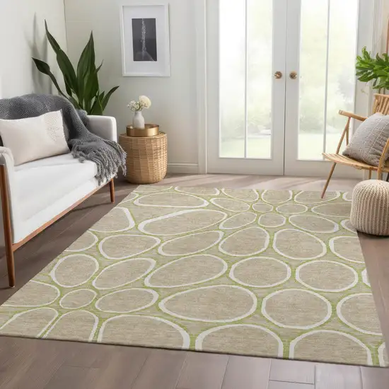 Tan Ivory And Green Geometric Washable Area Rug With UV Protection Photo 5