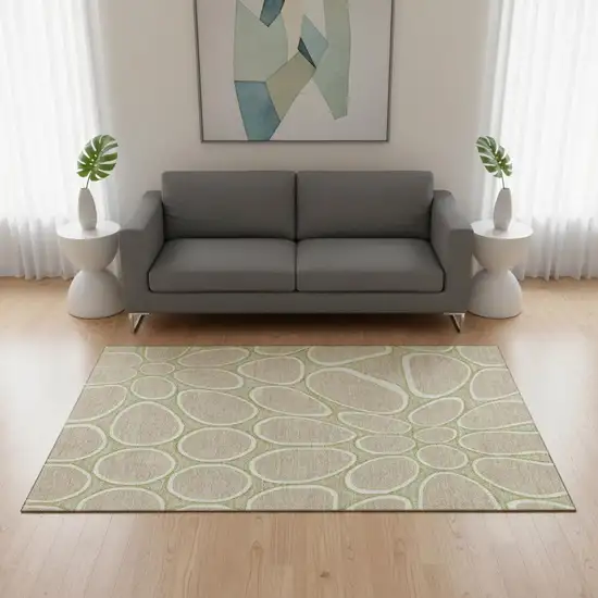 Tan Ivory And Green Geometric Washable Area Rug With UV Protection Photo 2