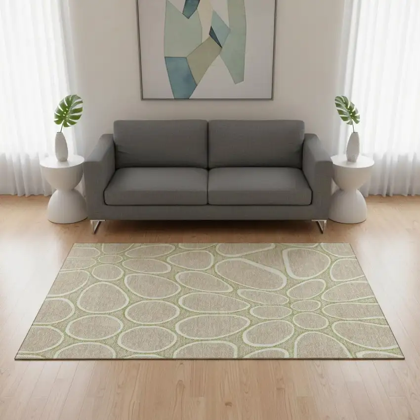 Tan Ivory And Green Geometric Washable Area Rug With UV Protection Photo 2