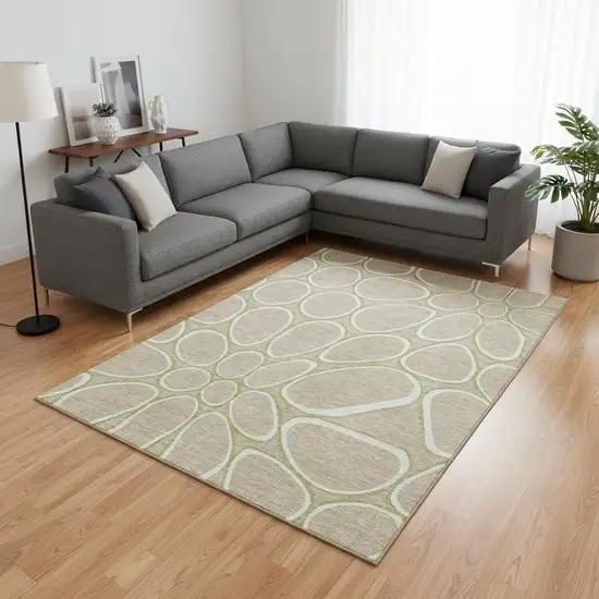 Tan Ivory And Green Geometric Washable Area Rug With UV Protection Photo 2