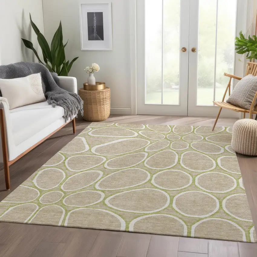Tan Ivory And Green Geometric Washable Area Rug With UV Protection Photo 5