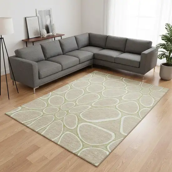 Tan Ivory And Green Geometric Washable Area Rug With UV Protection Photo 2