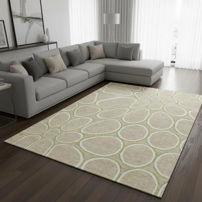 Tan Ivory And Green Geometric Washable Area Rug With UV Protection Photo 2