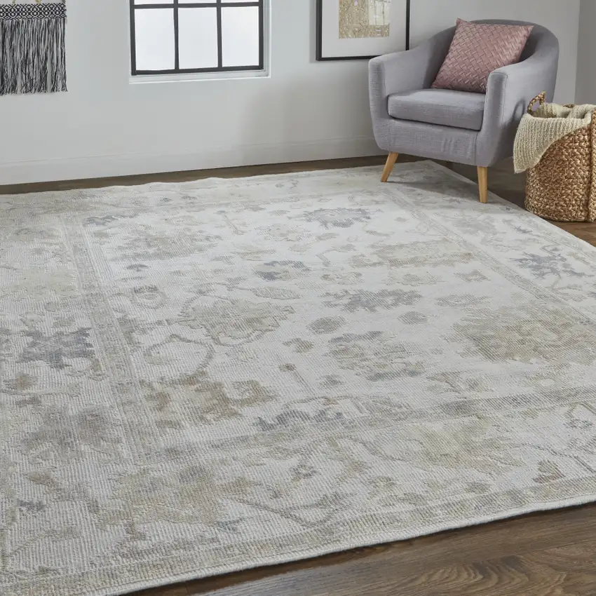 Tan Ivory And Orange Floral Hand Knotted Stain Resistant Area Rug Photo 6