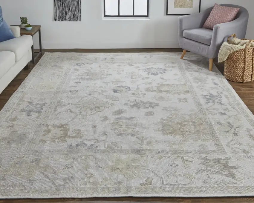 Tan Ivory And Orange Floral Hand Knotted Stain Resistant Area Rug Photo 5