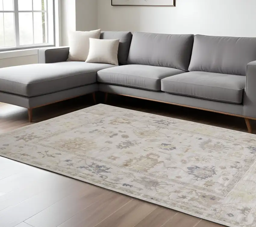 Tan Ivory And Orange Floral Hand Knotted Stain Resistant Area Rug Photo 1