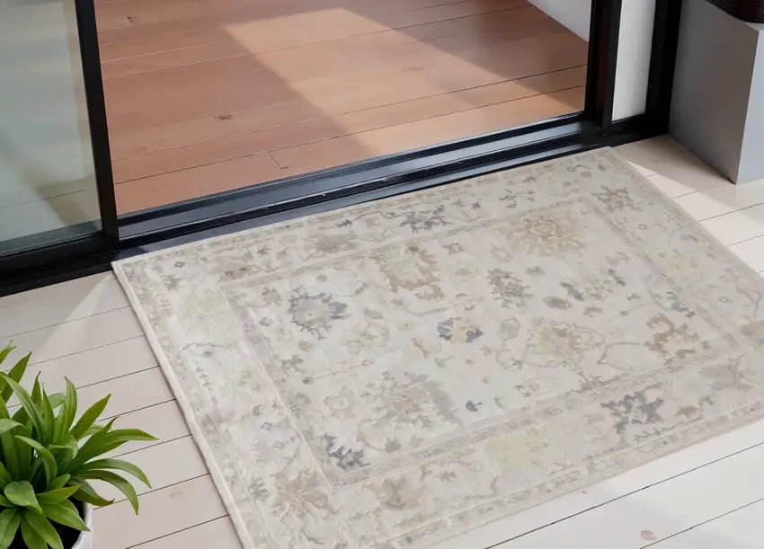 Tan Ivory And Orange Floral Hand Knotted Stain Resistant Area Rug Photo 3