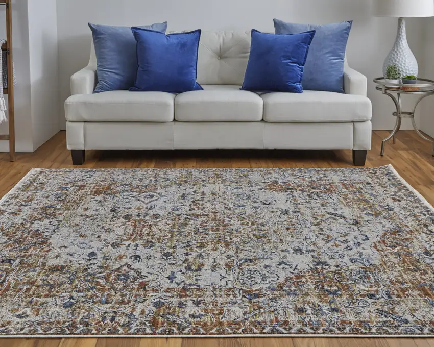 Tan Ivory And Orange Floral Power Loom Area Rug With Fringe Photo 8