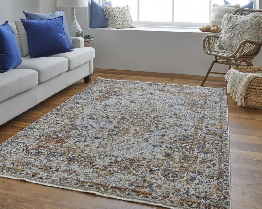 Tan Ivory And Orange Floral Power Loom Area Rug With Fringe Photo 6