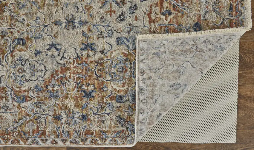 Tan Ivory And Orange Floral Power Loom Area Rug With Fringe Photo 5