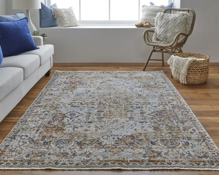 Tan Ivory And Orange Floral Power Loom Area Rug With Fringe Photo 7