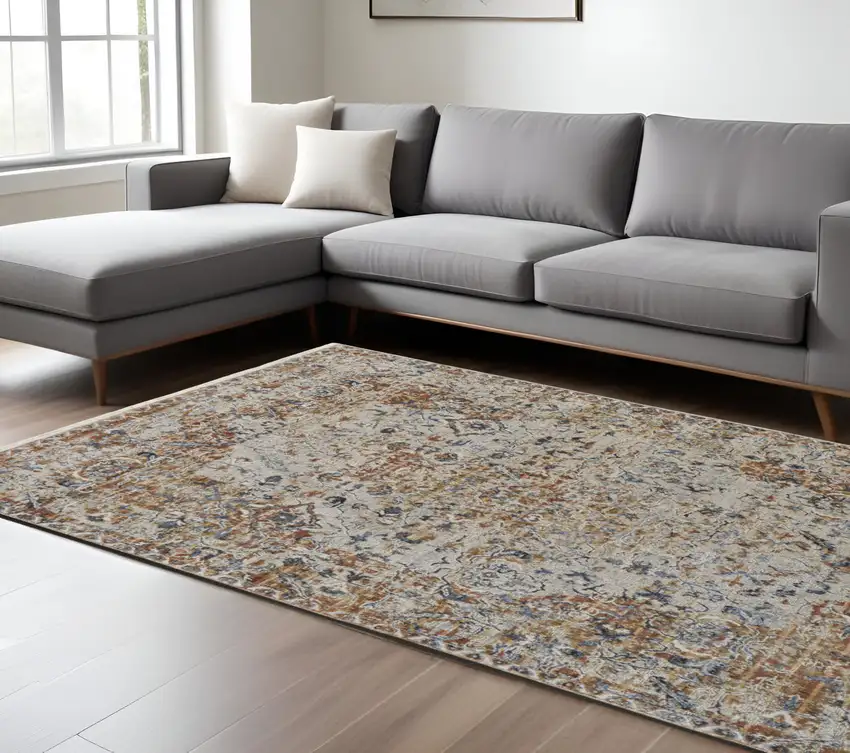 Tan and Ivory Floral Power Loom Non Skid Area Rug With Fringe Photo 1