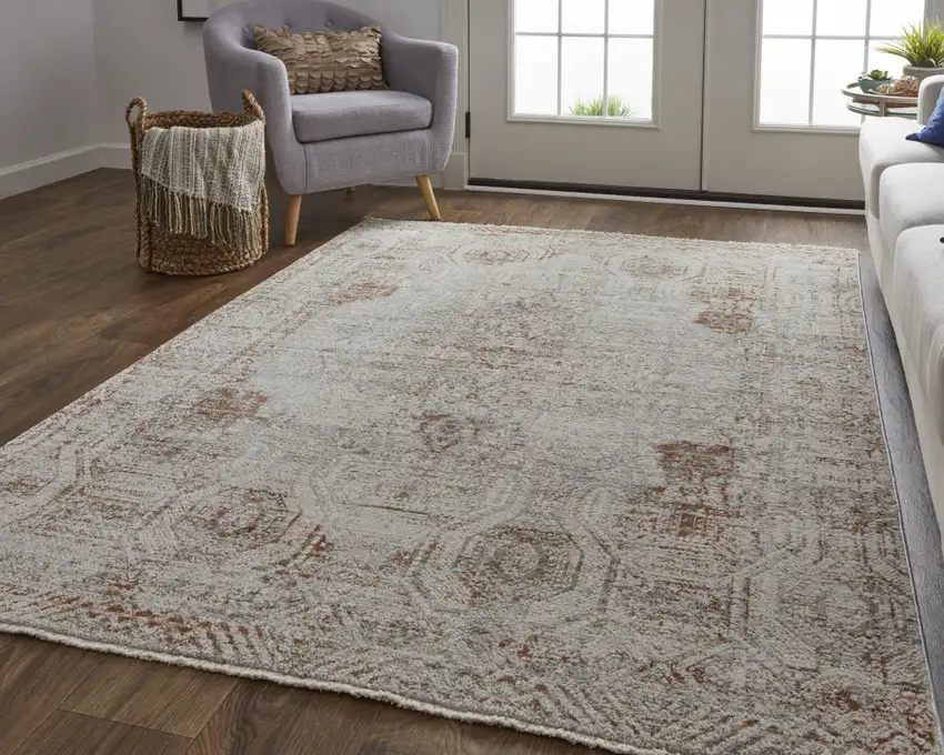 Tan Ivory And Orange Floral Power Loom Distressed Area Rug With Fringe Photo 6