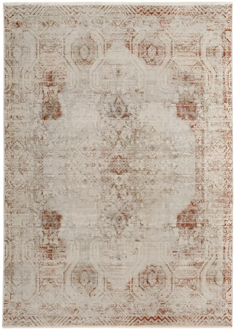 Tan Ivory And Orange Floral Power Loom Distressed Area Rug With Fringe Photo 4