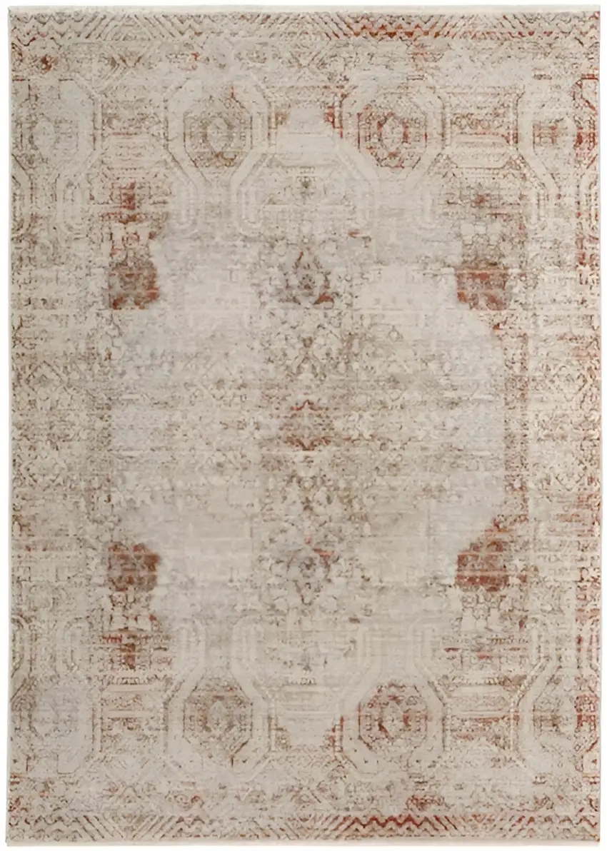 Tan Ivory And Orange Floral Power Loom Distressed Area Rug With Fringe Photo 1