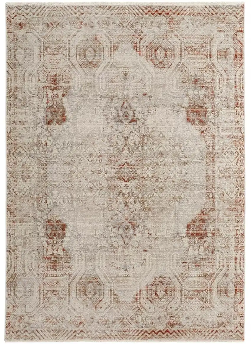 Tan Ivory And Orange Floral Power Loom Distressed Area Rug With Fringe Photo 2