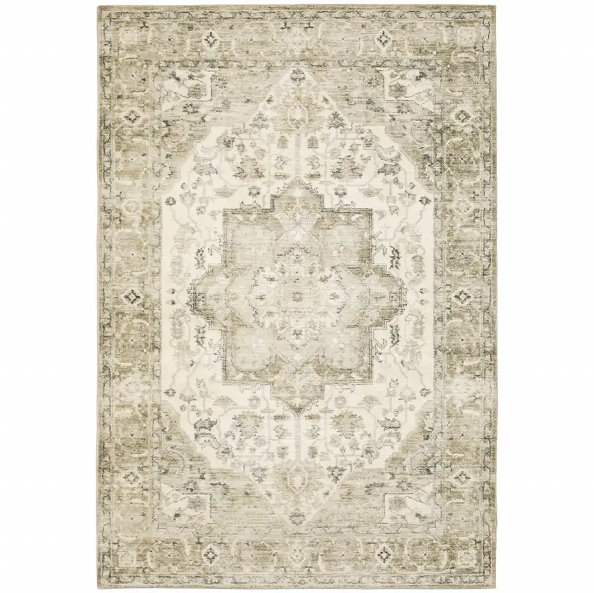 Tan Ivory Grey And Beige Oriental Power Loom Stain Resistant Area Rug Photo 1