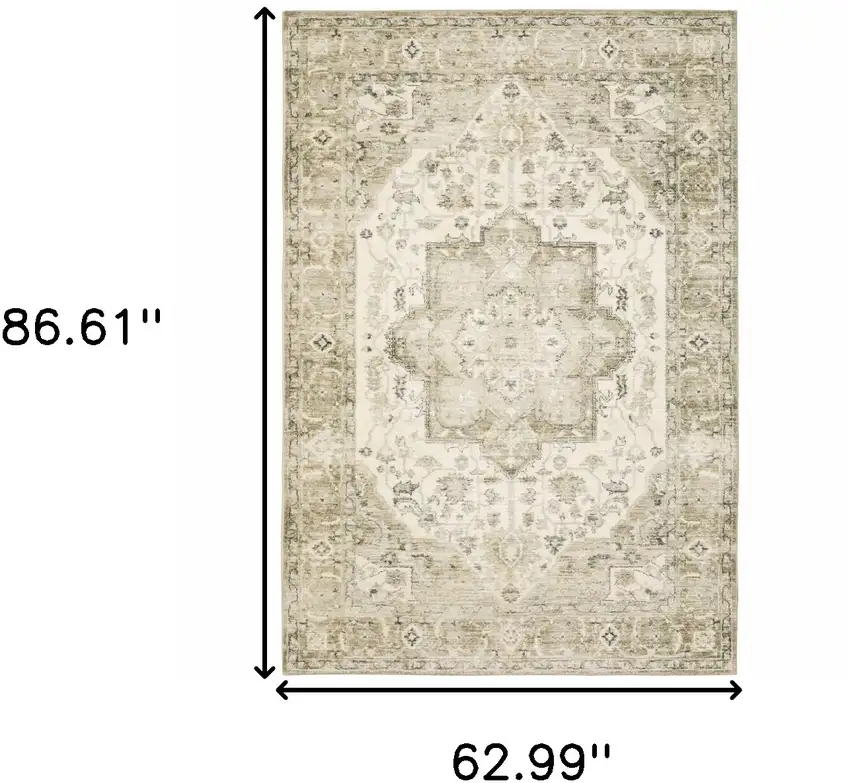Tan Ivory Grey And Beige Oriental Power Loom Stain Resistant Area Rug Photo 3
