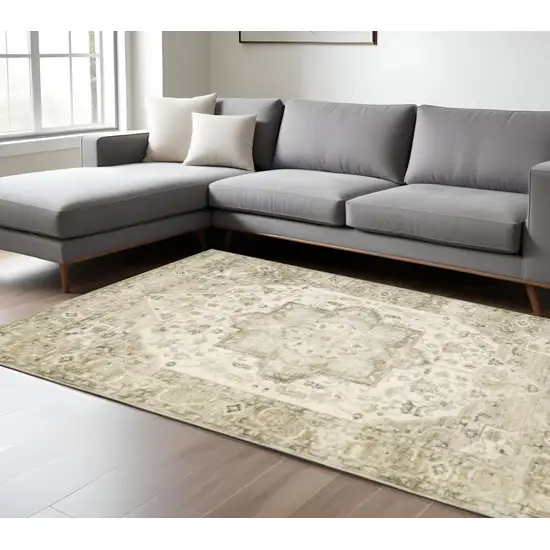 Tan Ivory Grey And Beige Oriental Power Loom Stain Resistant Area Rug Photo 1