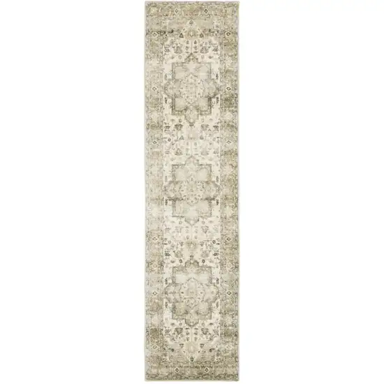 Tan Ivory Grey And Beige Oriental Power Loom Stain Resistant Runner Rug Photo 1