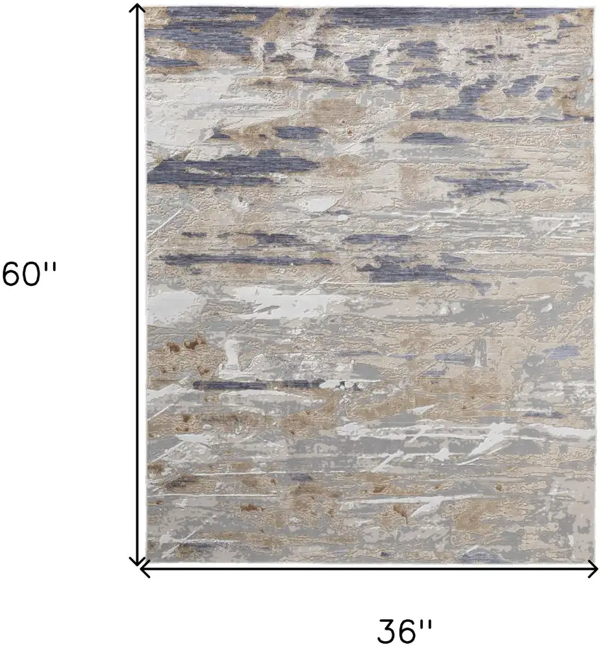 Tan Ivory and Blue Abstract Power Loom Worn Faded Area Rug Photo 3