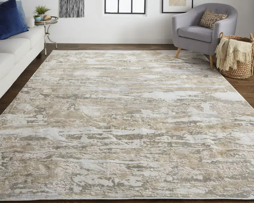 Tan Ivory and Blue Abstract Power Loom Worn Faded Area Rug Photo 9