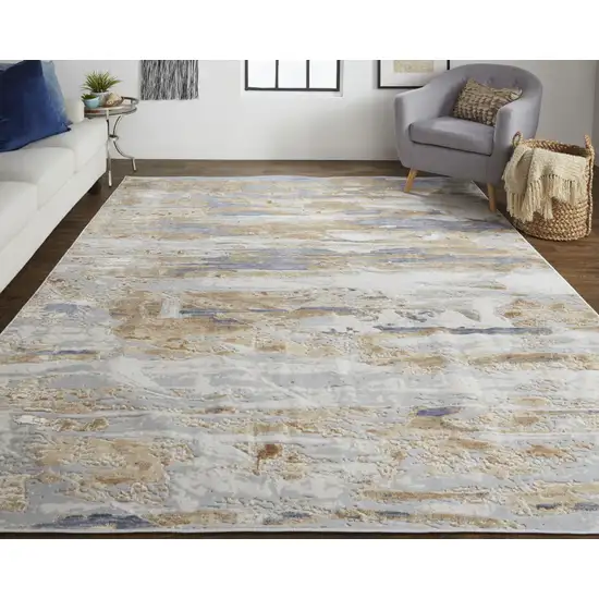 Tan Ivory And Blue Abstract Distressed Area Rug Photo 9
