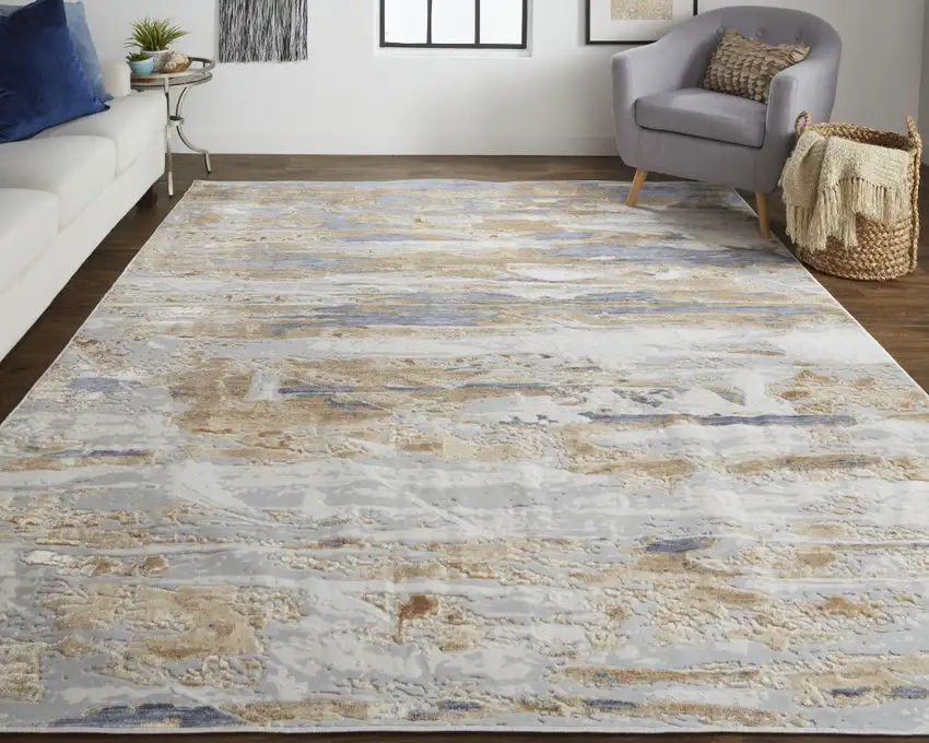 Tan Ivory And Blue Abstract Distressed Area Rug Photo 9