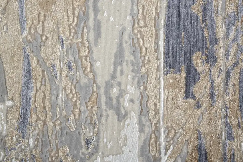 Tan Ivory and Blue Abstract Power Loom Worn Faded Area Rug Photo 7