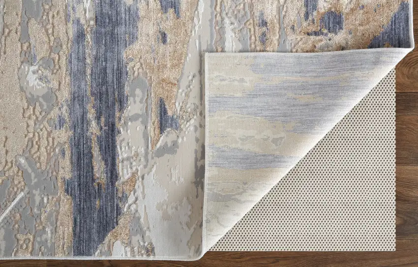 Tan Ivory and Blue Abstract Power Loom Worn Faded Area Rug Photo 6