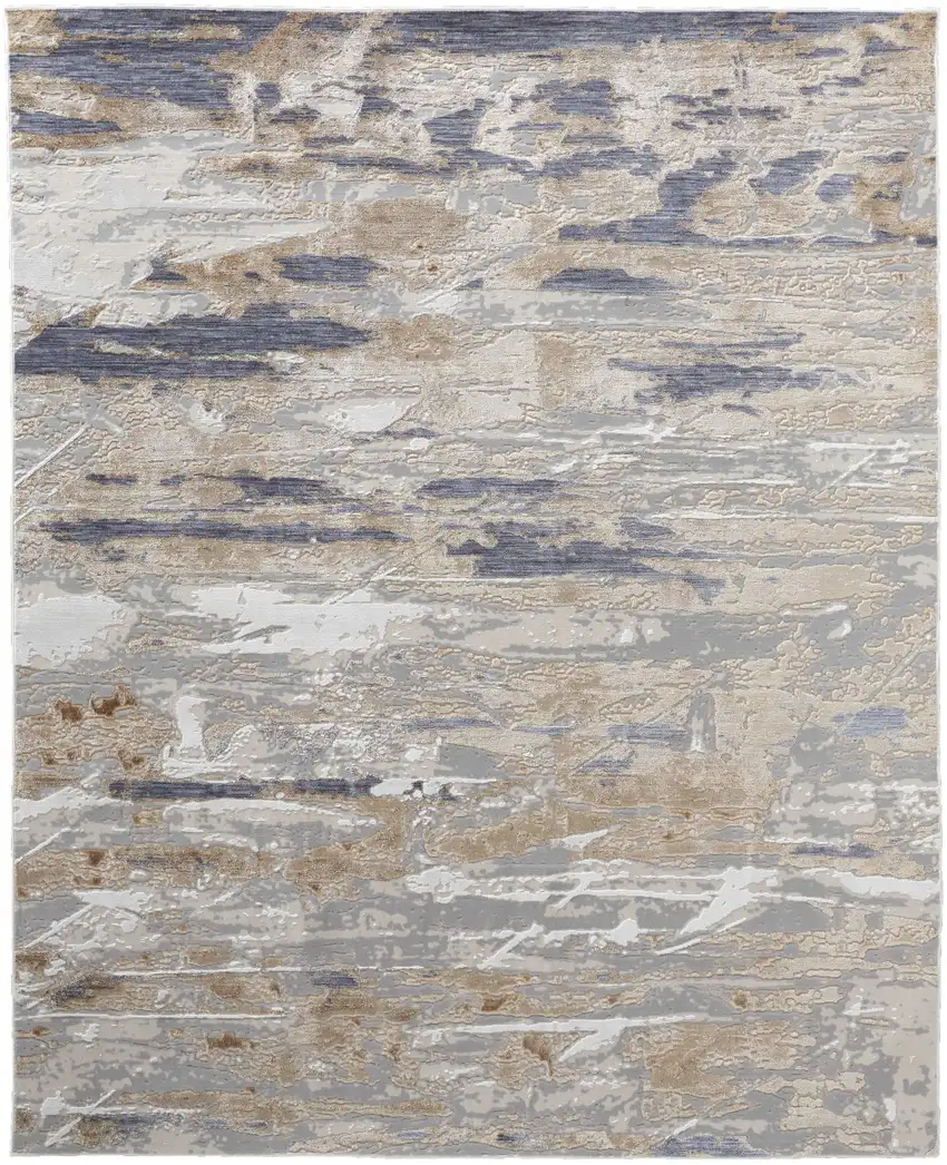 Tan Ivory and Blue Abstract Power Loom Worn Faded Area Rug Photo 2