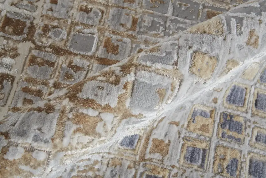 Tan Ivory and Blue Geometric Power Loom Worn Faded Area Rug Photo 7