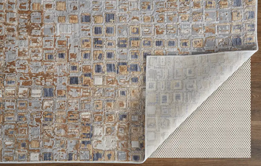 Tan Ivory and Blue Geometric Power Loom Worn Faded Area Rug Photo 4