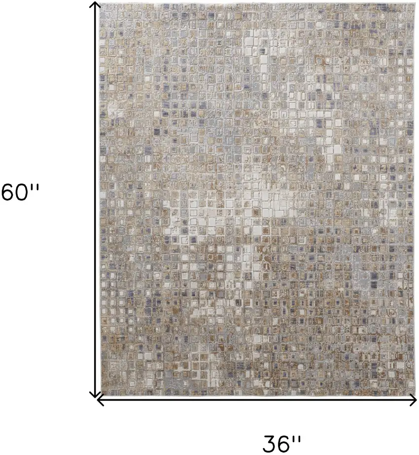 Tan Ivory and Blue Geometric Power Loom Worn Faded Area Rug Photo 3