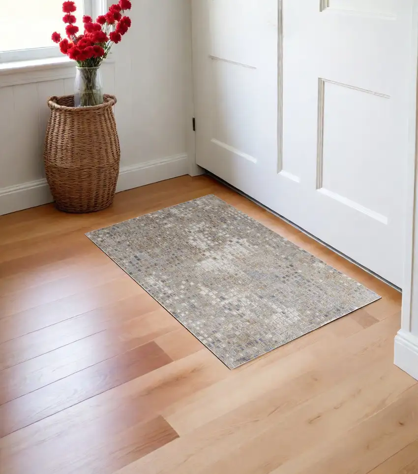 Tan Ivory and Blue Geometric Power Loom Worn Faded Area Rug Photo 1