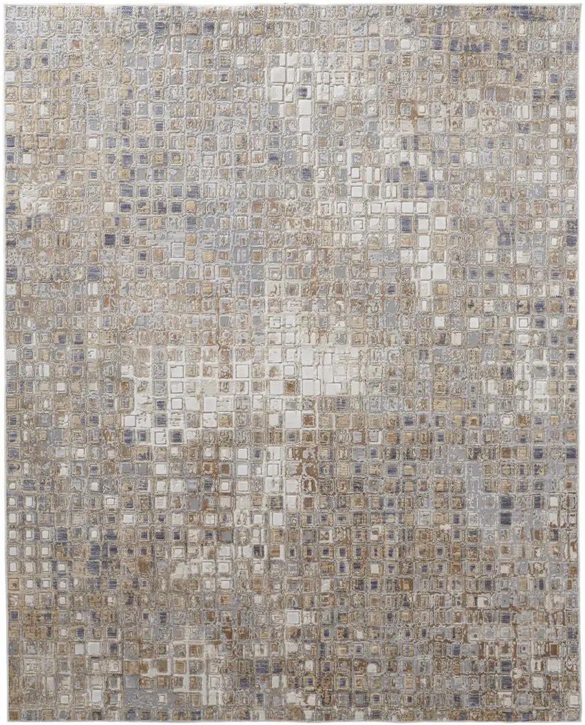 Tan Ivory and Blue Geometric Power Loom Worn Faded Area Rug Photo 2