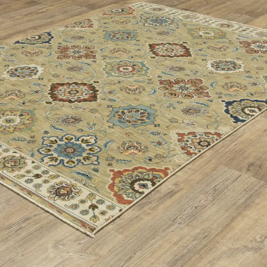 Tan Light Blue And Orange Floral Area Rug With Fringe Photo 9