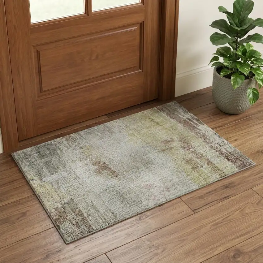 Tan Mauve And Ivory Abstract Washable Area Rug With UV Protection Photo 1