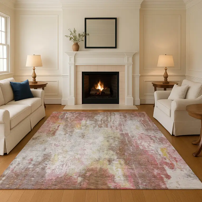 Tan Mauve And Ivory Abstract Washable Area Rug With UV Protection Photo 2