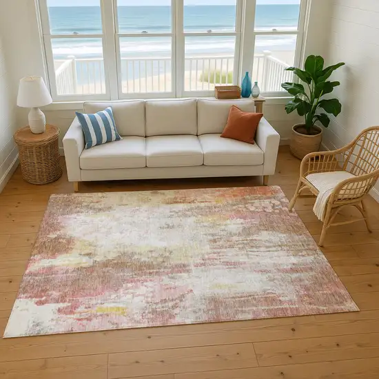 Tan Mauve And Ivory Abstract Washable Area Rug With UV Protection Photo 3